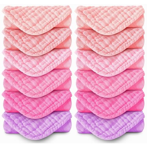 MOON PARK Baby Washcloths, 12 Pack - 12x12 Inches, Small Burp Cloths and Baby Wipes - 100% Cotton Muslin Ultra Soft for Newborn, Infant and Toddlers - Pink, Purple and Sakura Series