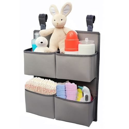 KIKJOK Hanging Diaper Organizer for Crib/Playpen/Bassinet – Hold 80+ Diapers - 4 Deep Pockets-H19in x L15 in Changing Table Diaper Holder - Hanging Diaper Stacker Nursery Caddy Organizer - Grey