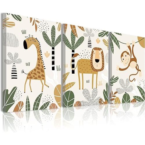 Anyzal Baby Animals Canvas Wall Art, Framed Woodland Nursery Decor Boho Herbaceous Plant Artwork, Poster & Print for Nursery Baby Children's Room Bedroom Decoration - 12"x16"x3 Panels