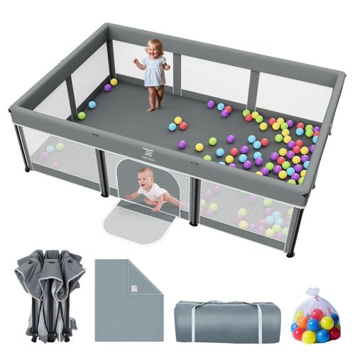 Foldable Baby Playpen with Mat - 74"X50" Large Play Yard for Babies and Toddlers - Indoor & Outdoor Portable Playpen with Storage Bag & 50 Ocean Ball - Baby Fence with Visible Mesh & Zipper Door,Grey