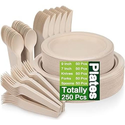 250 Piece Compostable Paper Plates Set with Extra Long Utensils, Sugarcane Fibers Disposable Dinnerware Set, Eco Friendly Biodegradable Plates, Spoons, Forks and Knives for Party, Camping, Picnic