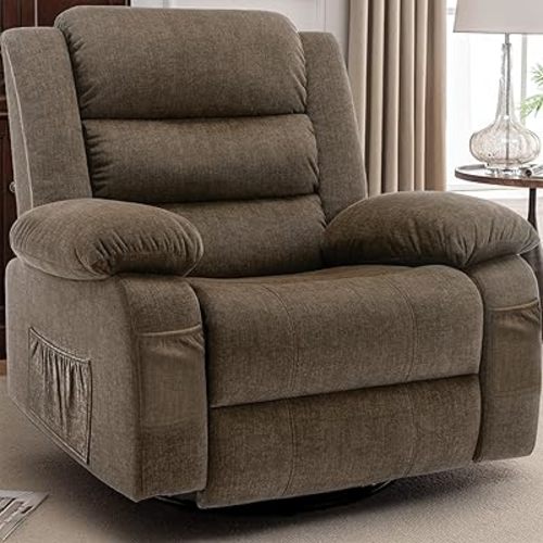 Korser Oversized Recliner Chair, Extra Wide Rocking Chair with Massage and Heat, 360° Swivel Rocker Recliner for Adults, Nursery Chair with Side Pocket, Cashmere Reclining Sofa for Living Room, Brown