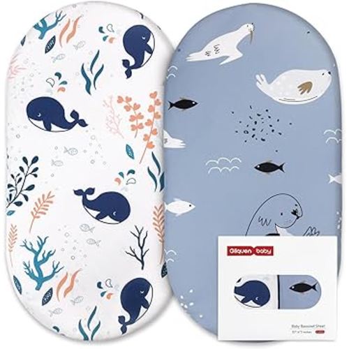 Gllquen Baby Bassinet Sheets Set 2-Pack, Breathable Cozy Bassinet Fitted Sheet Universal Fit Standard Mattress Oval Rectangle Cradle Baby Sheets for Baby Boy Girls Unisex 32"x16" (Sea Lions)