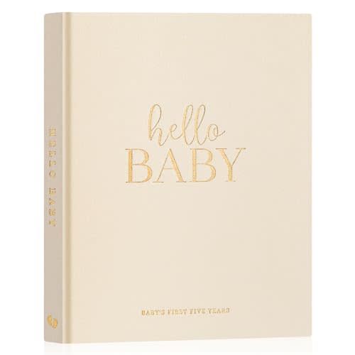Lanpn Hello Baby First 5 Year Memory Book for Boy Girl - Linen Hardcover Baby Book Keepsake for New Parents - Newborn Baby Journal Scrapbook Photo Album Baby Milestone Book (Beige, 154 Pages)