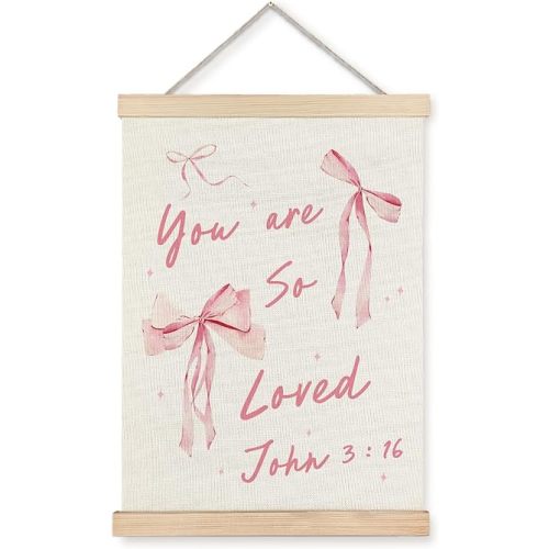 JINYO Coquette Room Decor, You Are So Loved Christian Wall Art Poster, Preppy Girly Wall Decor, Preppy Dorm Decor, Coquette Pink Bow Bible Verse Wall Art for Girls Room Apartment Decor, 12x16 Inches
