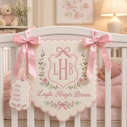 Personalized Embroidered Baby Hospital Banner,Monogram Newborn Name Sign,Floral Nursery Crib Decor,Baby Announcement Banner,Baby Shower Gift