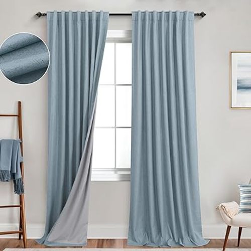KOUFALL Blue Blackout Curtains 84 Inch Length 2 Panels Set,Black Out 84 Inch Long Linen Coastal Farmhouse Dusty Blue Thermal Pleated Window Curtains for Bedroom Summer Living Room