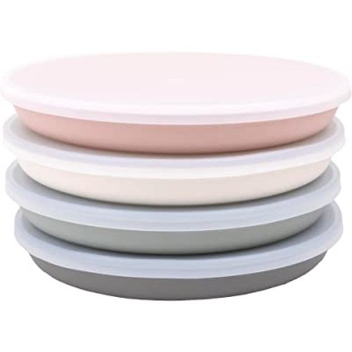 WeeSprout Bamboo, Silicone, Melamine Dishware Plate with Lids, Set of 4, Kid-Sized Design for Leftovers, Dishwasher Safe (Pink, Green, Gray, and Beige)