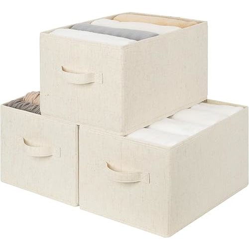 StorageWorks Storage Baskets for Shelves, Fabric Storage Bins, Closet Organization and Storage Basket, Organizer Bins for Clothes, Beige (NaturWeave Fabric), 3-Pack, Large