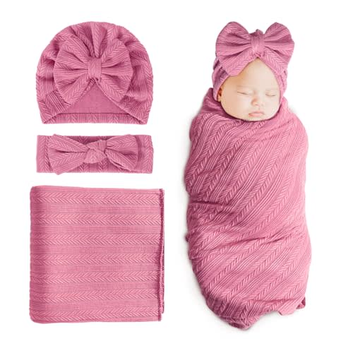 DRESHOW BQUBO Newborn Receiving Blanket Toddler Warm for Girls with Matching Bow Hat and Bow Headband Shower Gift