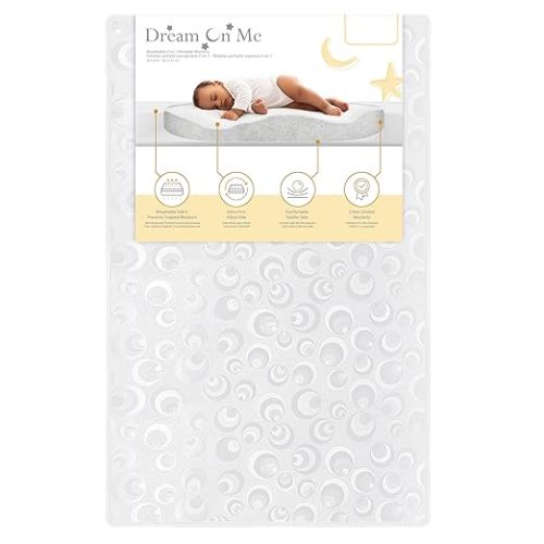 Dream On Me 2-in-1 Breathable Two-Sided 3" Portable Mini Crib Mattress, Greenguard Gold Certified, Vinyl and Breathable Fabric, White