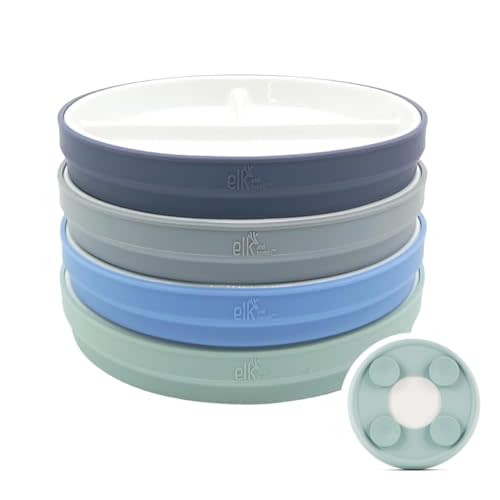 Elk and Friends Kids 7.8” Porcelain Divided Plates with Silicone Suction Sleeves | Suitable for Kids/Toddlers | Microwave & Dishwasher Safe | Non Slip | Snack Dishes