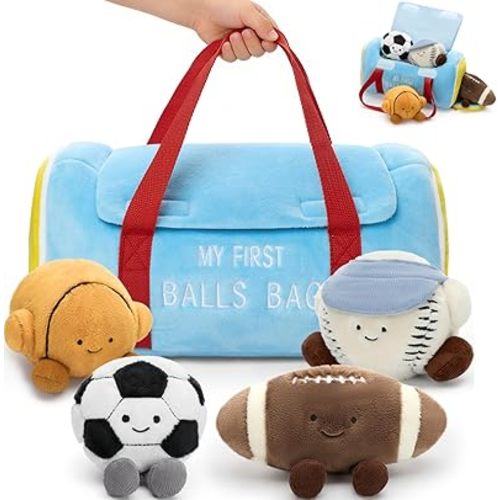 MaoGoLan 12.6 Inch My First Sports Bag Plush Toy, Baby Sports Toys with 4 Pcs Soft Stuffed Ball Plushy - Basketball, Baseball, Football and Soccer, Ideal Baby Shower Birthday Gift for Boys Girls