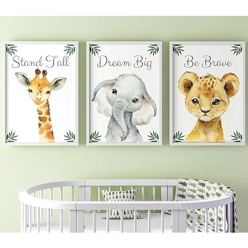 Baby Safari Animals for Girl or Boy Nursery Bedroom, Set of 3 Unframed Wall Art Prints, Jungle Leaves Quote Posters, Nursery Decor Gift, Giraffe Elephant Lion, Stand Tall Dream Big Be Brave (8x10)