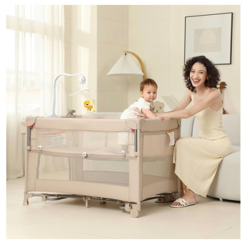 5 in 1 Pack and Play, Baby Bassinet Bedside Sleeper, Baby Playard, Bedside Crib with Changing Table, Foldable Travel Playard for Newborn to Toddles (Beige)