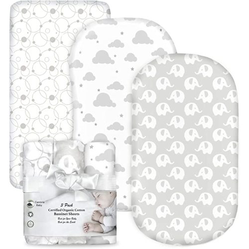 100% Organic Cotton Fitted Bassinet Sheets Fits Halo, Snoo, Graco, Dream on Me, Delta, and All Other Standard Size Bassinets. 3 Pk Adapts to Oval, Hourglass & Rectangle Shaped Bassinet Pads. - Elephants, Clouds & Bubbles - Standard Bassinet