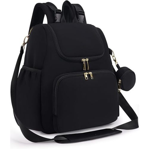 CEI-CEI Diaper Bag Backpack Neoprene Waterproof Baby Bags for Mom and Dad with Changing Pad Stowable Shoulder Strap Convertible Travel Tote with Pacifier Case and Insulated Pockets (Black)