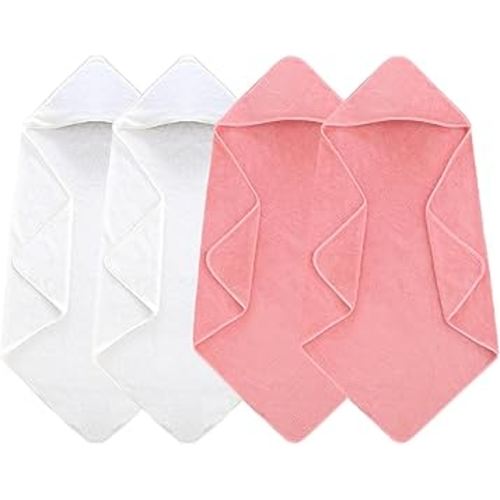 4 Pack Hooded Baby Towels, 32x32 Inch Absorbent Bath Towels, Soft Coral Fleece Hooded Towel for Newborns, Infants, and Toddlers – Baby Bath Essentials (2X White + 2X Pink)
