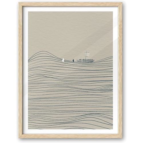 iHery Natural OAK Wood Jesus and Peter Walk on Water Framed Wall Art, 12x16 in Modern Sketch Bible Verses Canvas Art Decor, Beige Logs Boho Scripture 1Pack for Living Room Bedroom