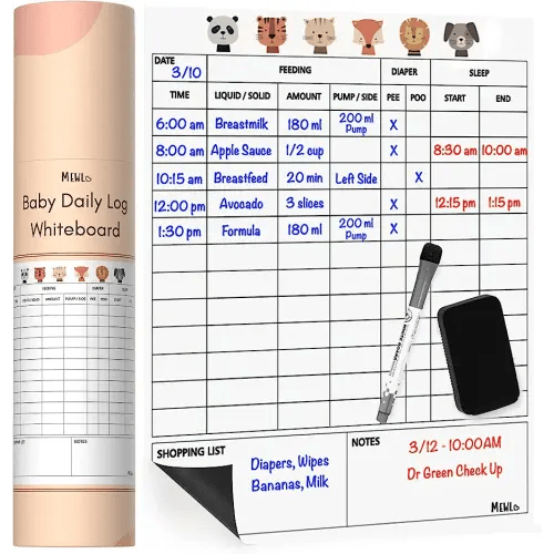 Mewl Baby Daily Log Whiteboard - Reusable Baby Tracker to Log Feeding, Diapers & Sleep - Newborn Baby Journal & Schedule Chart for New Parents, Nanny, Babysitter - Pregnancy & New Mom Gift