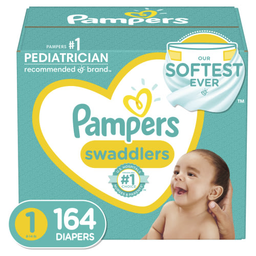 Pampers Swaddlers Newborn Diapers, Ultra-Soft and Absorbent, Hypoallergenic, Size 1, 164 ct