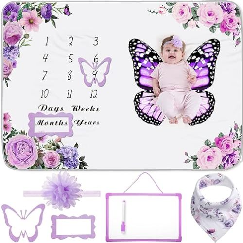 Chumia 6 Pcs Monthly Baby Milestone Blanket for Baby Girl Boy Set Baby Age Blanket Baby Month Blanket Newborn Growth Chart Blanket with Bandana Frame Headband(Purple, Butterfly Pattern)