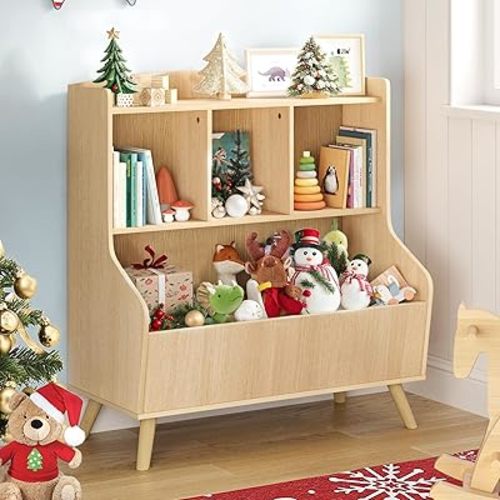 Kids Bookshelf and Toy Storage, 3-Tier Wooden Bookcase, Baby Book and Toy Storage Display Organizer with Spacious Top Shelf for Children, Family, Natural Wood Color(Large Size)