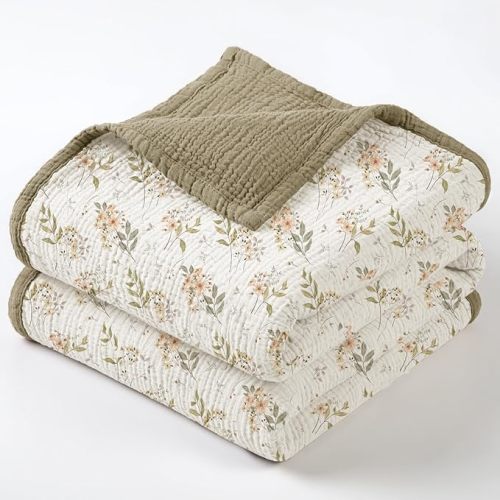lulumoon Muslin Baby Blanket for Girls: Lightweight Cotton Blanket for Newborn - Soft Nursery Blanket for Stroller 47x47 Inches (Olive Flower)