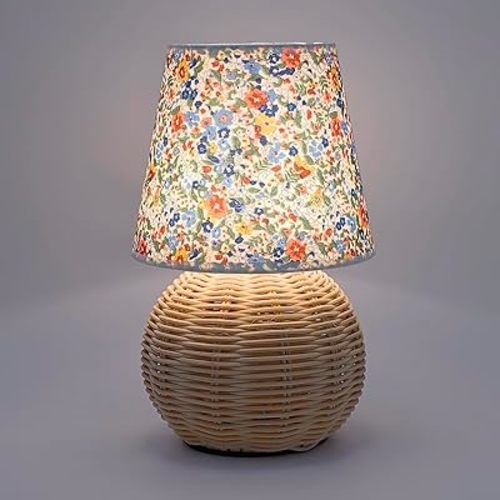 Vintage Small Wicker Lamp, Rattan Body Fabric Lampshade, Adjustable Light Color and Brightness with Power-Off Memory, Safe USB Powered, Retro Night Light for Bedroom Living Room (Sphere-Floral)