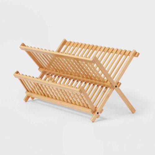 Bamboo Drying Rack Brown - Brightroom™: Freestanding Varnished Dish Drying Rack, Folds for Storage, 17.76" Depth