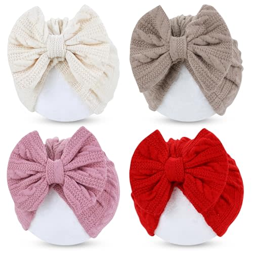Cinaci 4 Pieces Baby Girls Turban Hats with Bow Newborn Hospital Caps Bonnet Beanies Headwraps for Infants Toddlers
