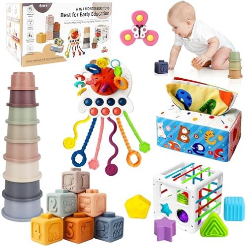 6 in 1 Montessori Toys for Babies 6-12 Months Up - Incl Pull String Toy, Stacking Cups, Tissue Box, Suction Cup Spinner, Stacking Blocks,Activity Cube, Baby Toys for 1 2 3 Year Old