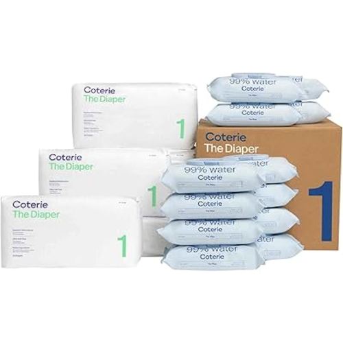 Coterie Baby Diapers + Wipes Baby Kit, Made with Plant-Based Fibers, Hypoallergenic, Designed for Sensitive Skin, Clean Ingredients (Size 1 + Wipes (12 Packs))