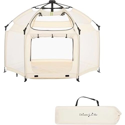 Dream On Me Pop Up Children Playpen in French White, Easy Set Up for Babies and Toddlers, Breathable Mesh Sides, One Hand Easy Fold, Travel Bag Included