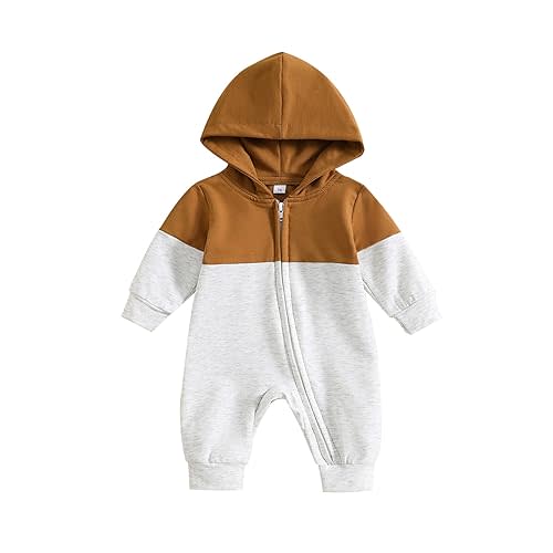 BemeyourBBs Newborn Baby Boy Clothes Color Block Long Sleeve Hooded Romper with Pocket Fall Winter One Piece Outfits