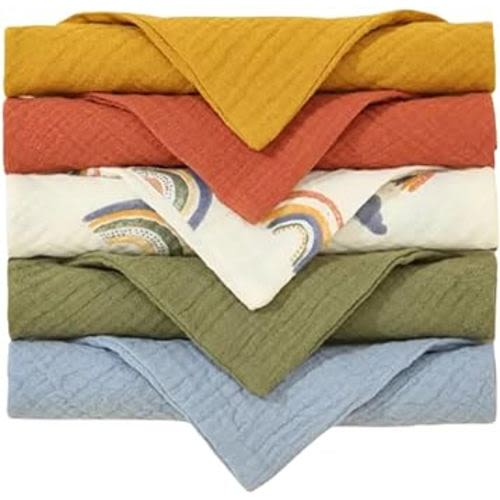 SolBabe Muslin Baby Washcloth Burp Cloth 100% Cotton Soft Absorbent Boho Towels 12 x 12 inches (Multi, Rust Rainbow)
