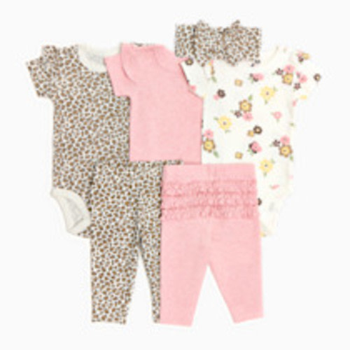 Small Story Organic Cotton Ruffle Bodysuit, Pant & Headband 6-Piece Set - Leopard, Floral & Pink, 3-6 M