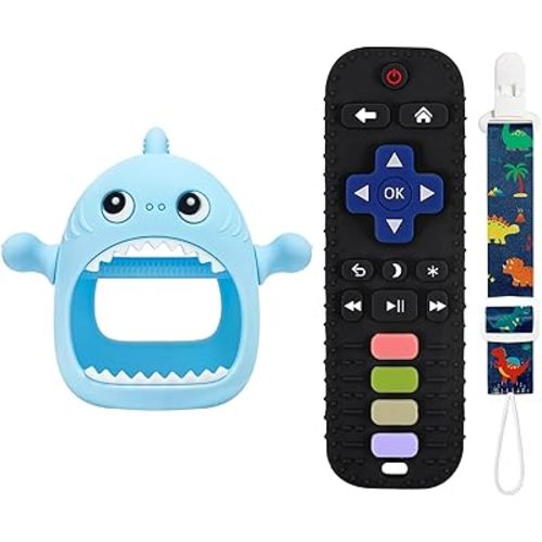 Kpblis 2 Pcs Baby Teether Toy for Babies 0-6 Month, Easy to Hold Baby Teething Toys for 6 to 12 Months, Baby Remote Control Teether Toys, Shark Infants Hand Teether Pacifiers - Light Blue,Black