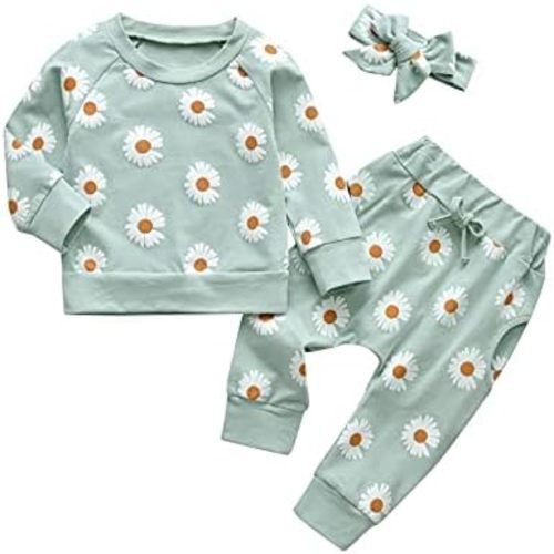 Kulcerry Newborn Infant Baby Girl Clothes Long Sleeve Daisy Printed Sweatshirt Tops Pants Headband 3pcs Outfits