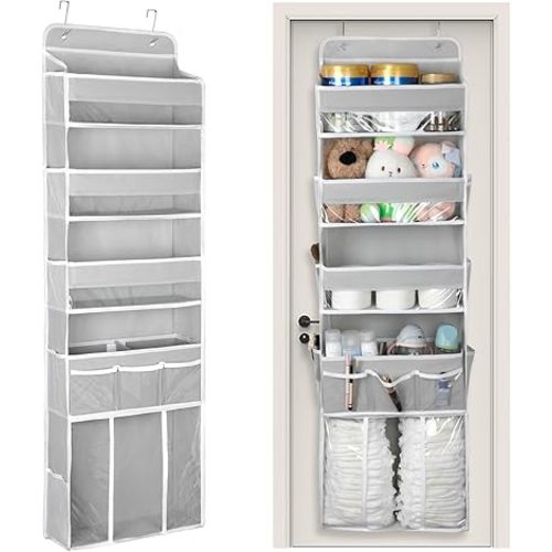 Over the Door Organizer, 5 Tiers Hanging Nursery Storage Closet Organizer with 1 Movable Shelf, Large Capacity Diaper Caddy, 10 Side Pockets, Bedroom Bathroom Decor for Baby Must Haves Toy, Grey