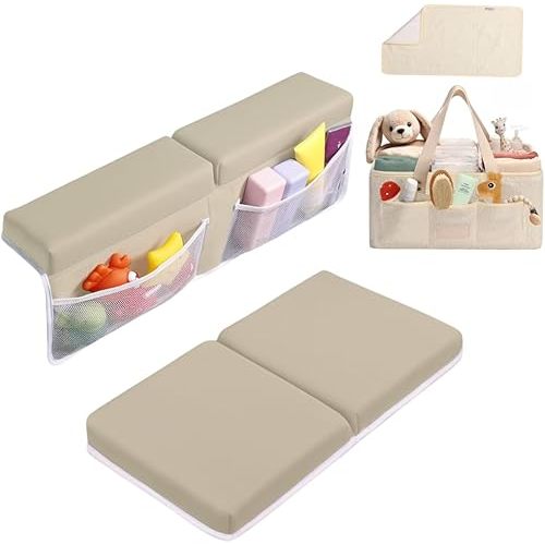 Bath Kneeler and Elbow Rest Pad (Beige) and Teddy Diaper Caddy with Changing Pad (Beige) Bundle