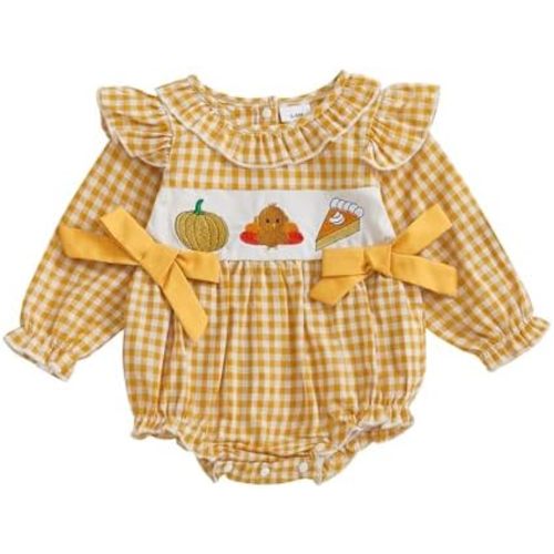 My First Thanksgiving Baby Girl Outfit Newborn Turkey Smocked Bubble Romper Bodysuit Cute Fall Thanksgiving Clothes