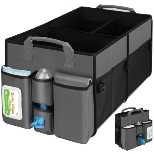Collapsible Trunk Organizer & Diaper Changing Station, Baby Diaper Caddy Organizer with Movable Dividers, Easy-to-Reach for Back Seat Travel Car Organizer, Waterproof Car Trunk Organizer Groceries