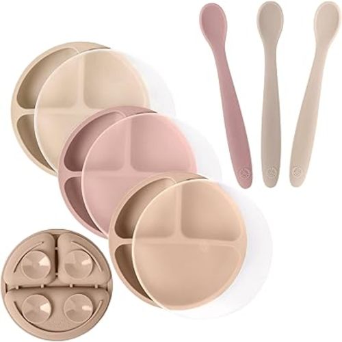 WeeSprout 3 Suction Plates with Lids & 3 Soft-Tip Spoons Bundle - Complete Mealtime Set - Silicone Baby Dinnerware - Divided Toddler Plates - Microwave & Dishwasher Safe
