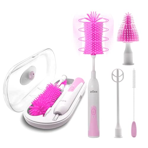Electric Bottle Brush Cleaner New Upgrade, Portable Electric Baby Bottle Brush Cleaner for Travel, Travel Bottle Cleaner Kit with Nipple & Straw Brush, Perfect Mom Essentials After Birth Gift, Pink