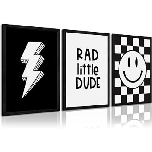 Boys Room Wall Art Decor Toddler Nursery Canvas Wall Art Baby Kids Wall Decor Black Checkered Smiley Poster Pictures Retro Playroom Rad Little Dud Art Prints for Bedroom 12x16x3 Inch Wood Framed