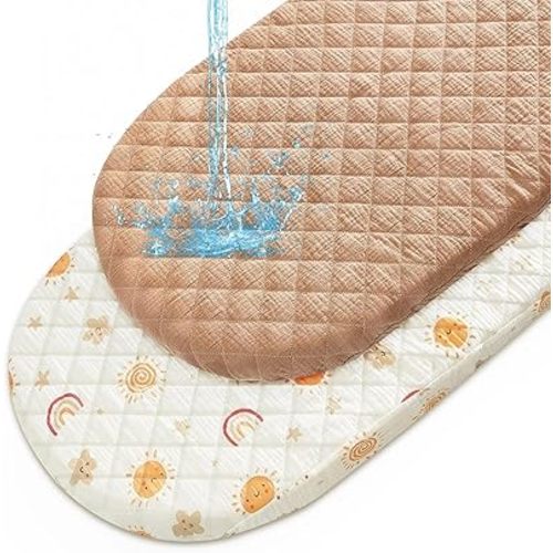 Muslin Bassinet Sheets Waterproof Baby Bassinet Mattress Sheets 2 Pack Thickened Ultra Soft Fitted Crib Cover 33" x 17" for Oval Cradle, Rectangular Mattress Pad, Mocha