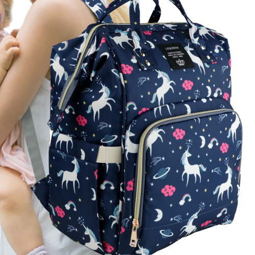 LEQUEEN Large Cute Unicorn Diaper Bag Backpack, Insulated Pocket, Navy