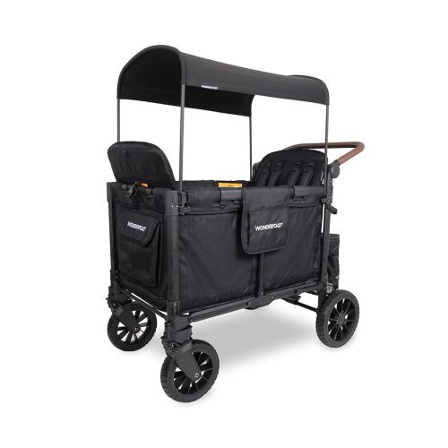 WONDERFOLD W4 Luxe Pro Stroller Wagon (4 Seater) - Collapsible Wagon Stroller with Seats Featuring 5-Point Safety Harnesses and Adjustable Sun Canopy, Jet Black