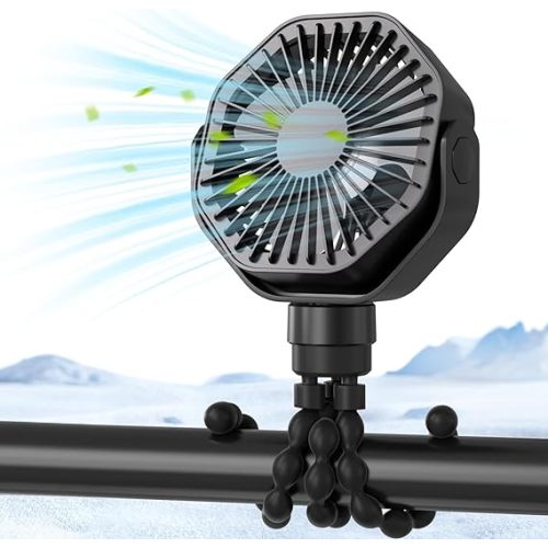 Portable Stroller Fan with Flexible Tripod, 3 Speeds Rechargeable Handheld Personal Fan, 360°Rotate Battery Operated Clip On Fan for Car Seat Crib Bike Treadmill Black